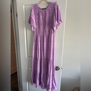 Purple Floral Smocked Dress with Ruffle Sleeves